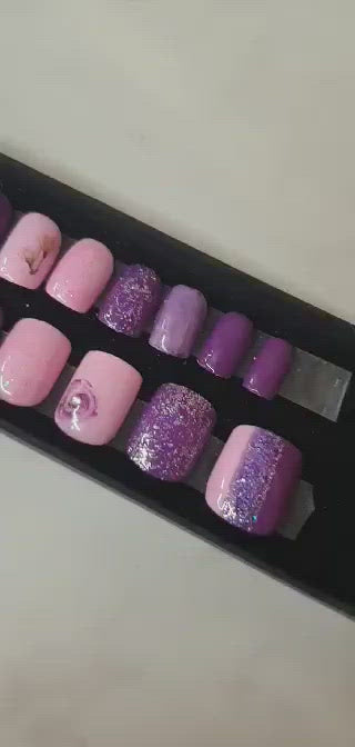 Pink and Purple with Glitter Hand-painted Press-on Nails