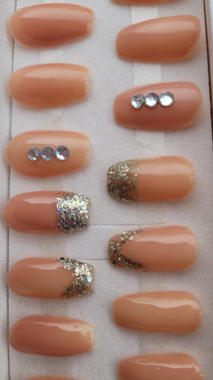 Nude with Bling Hand-painted Press-on Nails