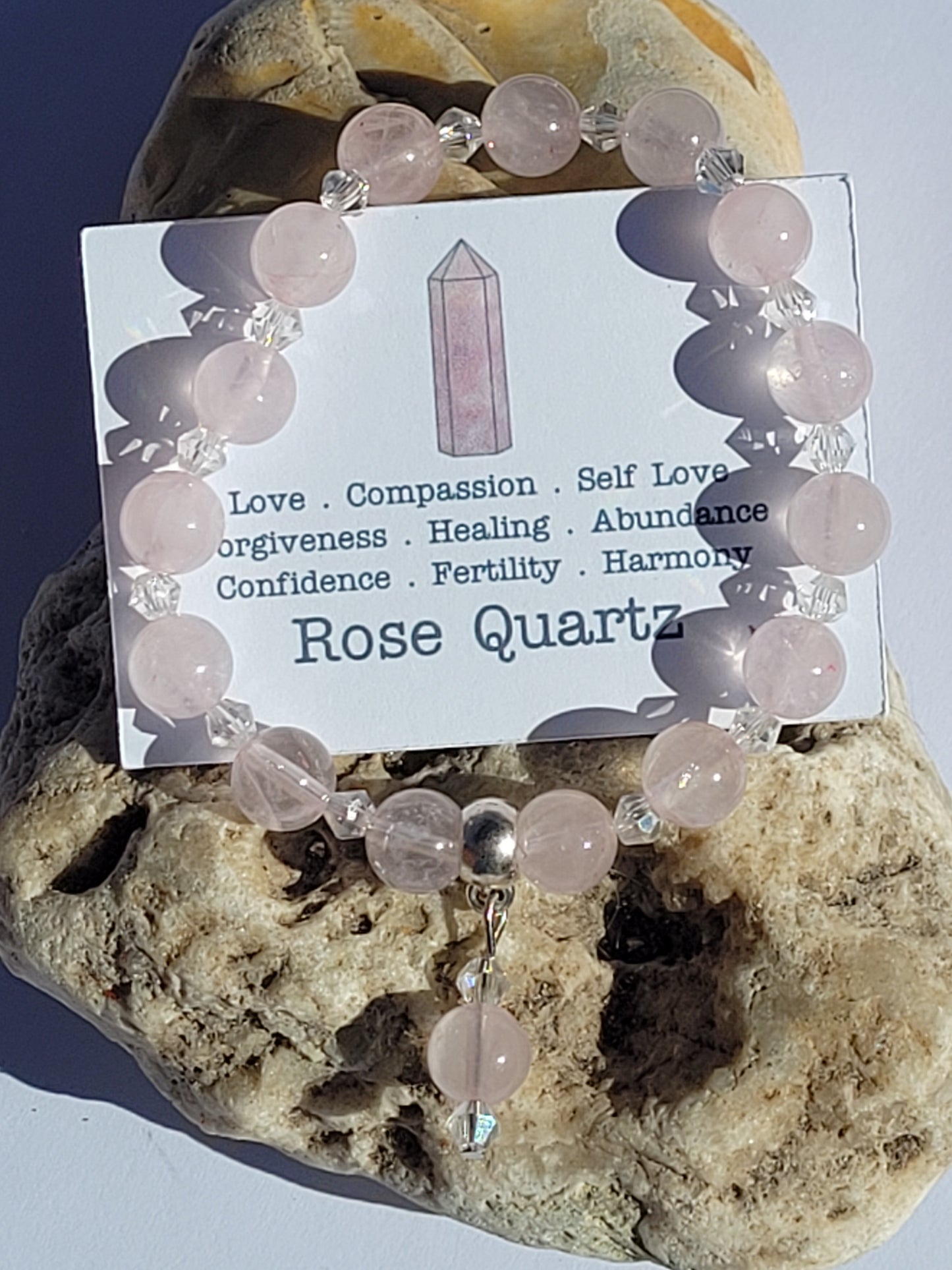 Handcrafted Rose Quartz with clear Czech crystals.