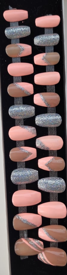 2-tone Nude and silver glitter Bling Hand-painted Press-on Nails