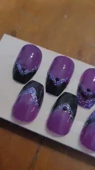 Purple and Black Bling Gitter Hand-painted Press-on Nails