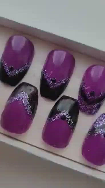 Purple and Black Bling Gitter Hand-painted Press-on Nails