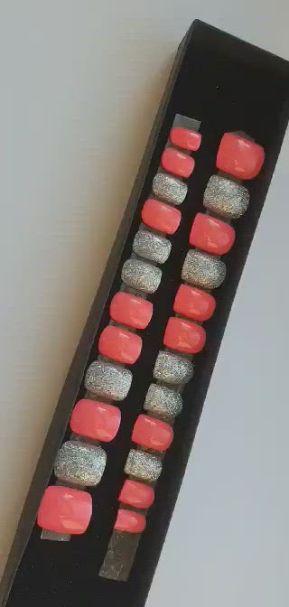 Coral and Silver Hand-painted Press-on Nails